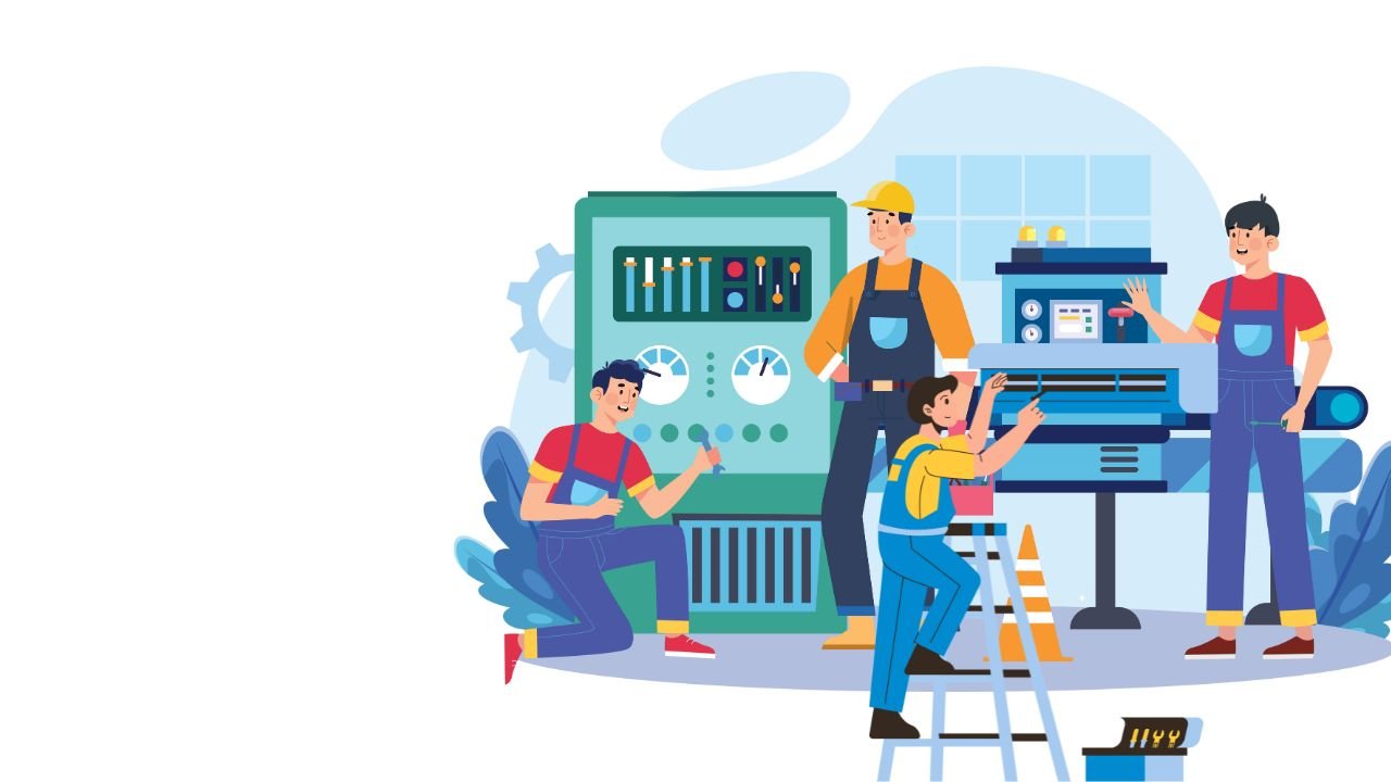 Ilustrasi petugas teknik memperbaiki peralatan